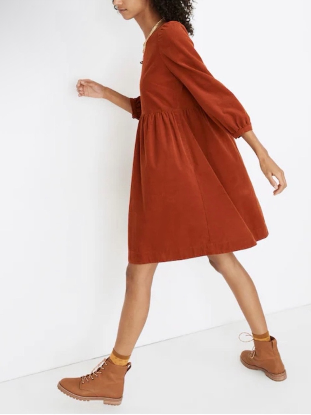 Madewell Rust Tiered Long-Sleeve Babydoll Dress